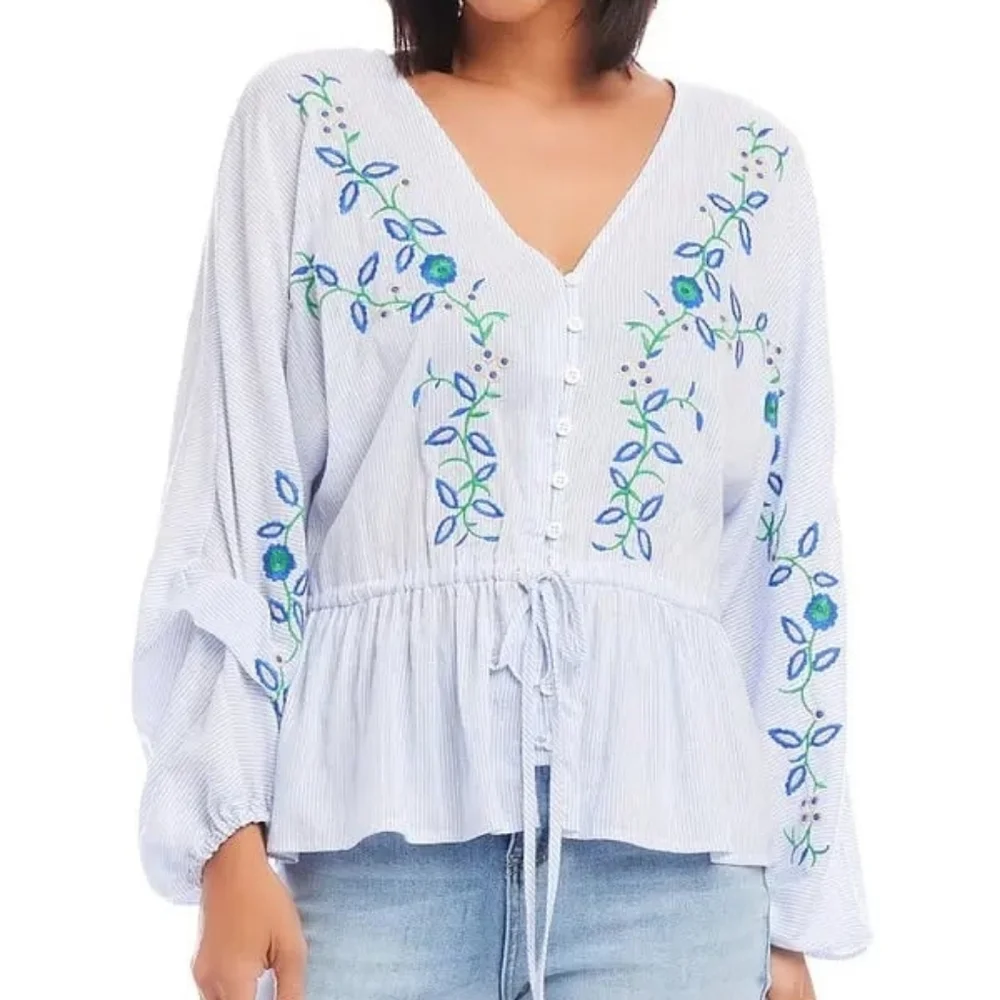 Karen Kane Embroidered Drawstring Top V-Neck Blouson Sleeve Top